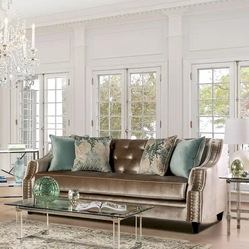 Transitional Button-Tufted Chenille Sofa with Nailhead Trim – Silver / Champagne & Turquoise – 3-Seater