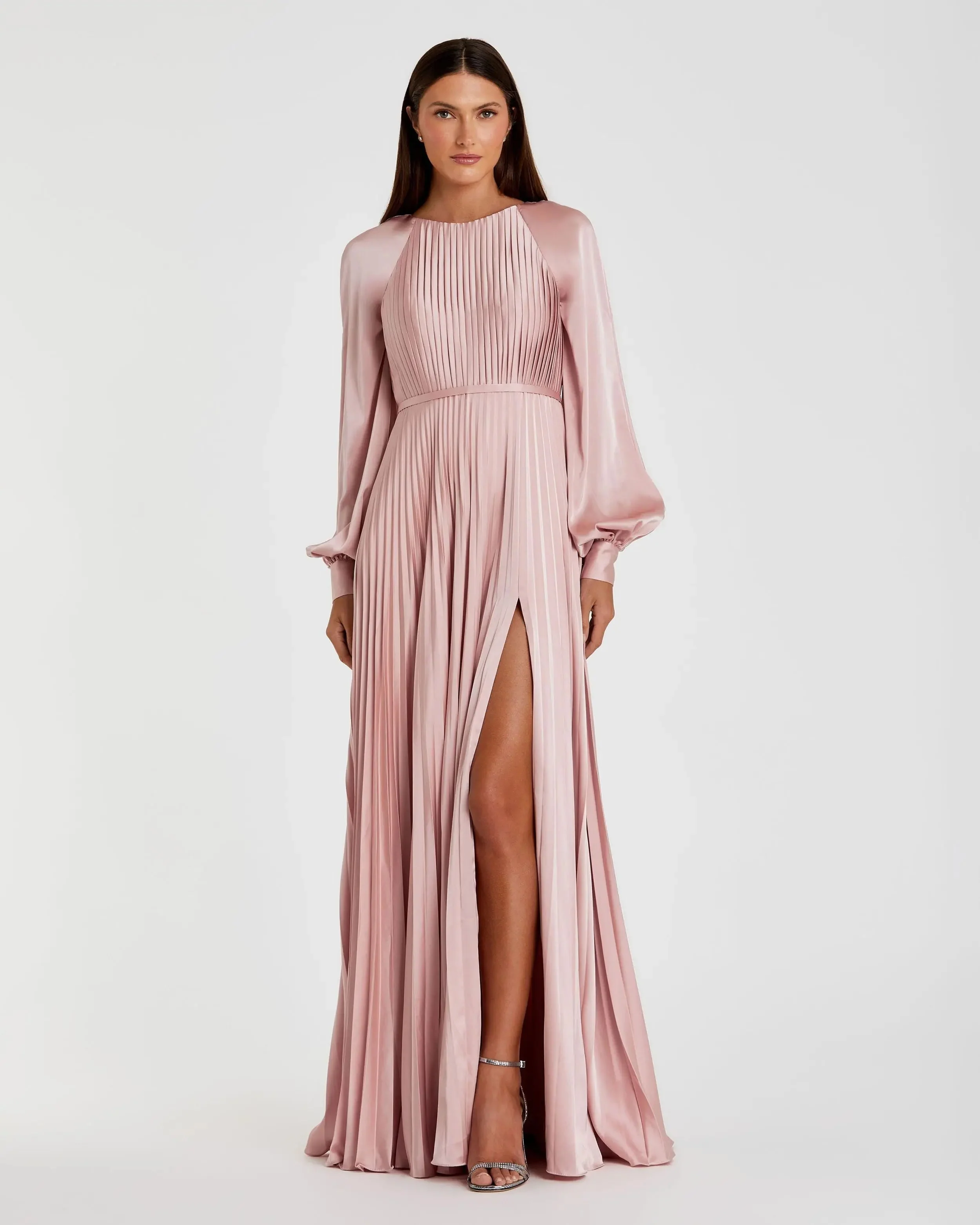 Pleated High Neck Raglan Long Sleeve Side Slit Gown