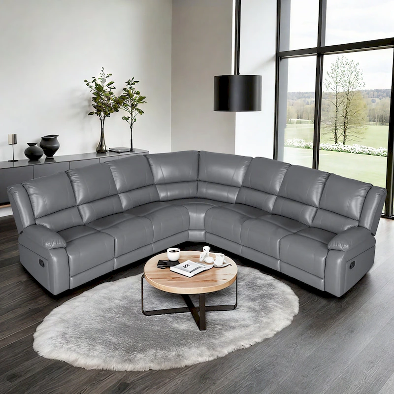 129 W 7-Seat Faux Leather Manual Recliner Large Sectional Reclining Sofa