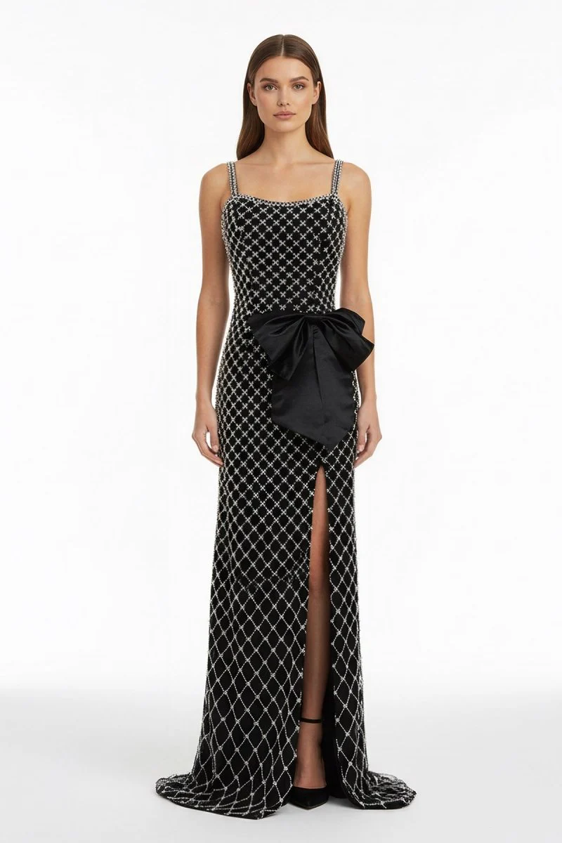 Black Spaghetti Straps Sheath Satin Beaded Formal Prom Dresses With Bowknot