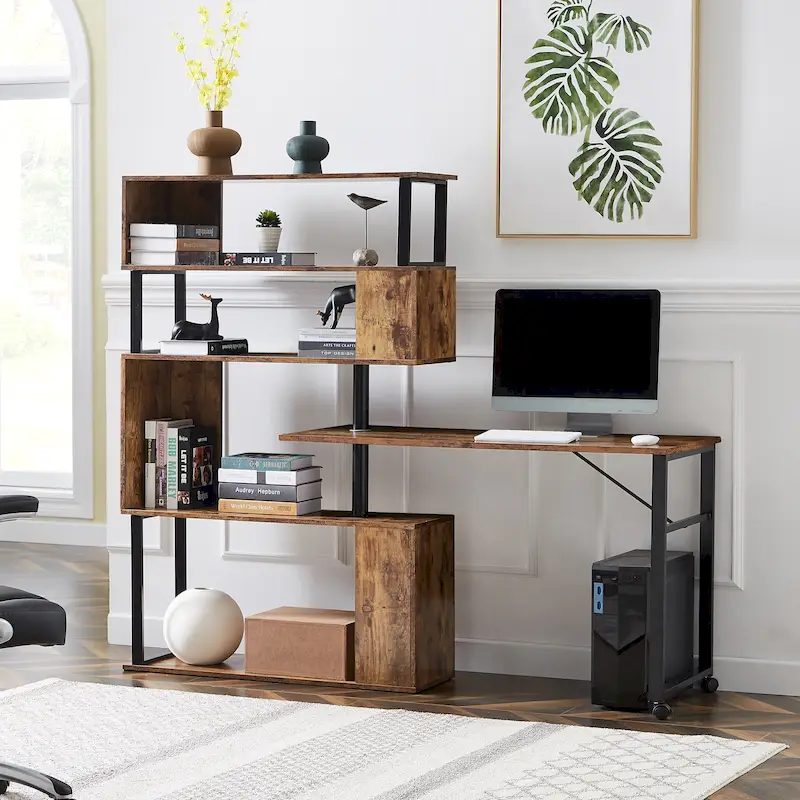 Brown / Black L-Shaped Corner Desk with 5-Tier Bookshelf, 1-Person