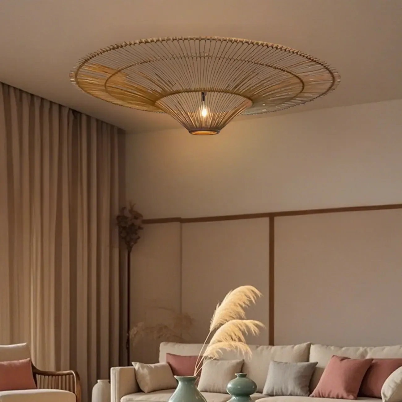 Natural Woven Rattan Bohemian Semi Flush Ceiling Light
