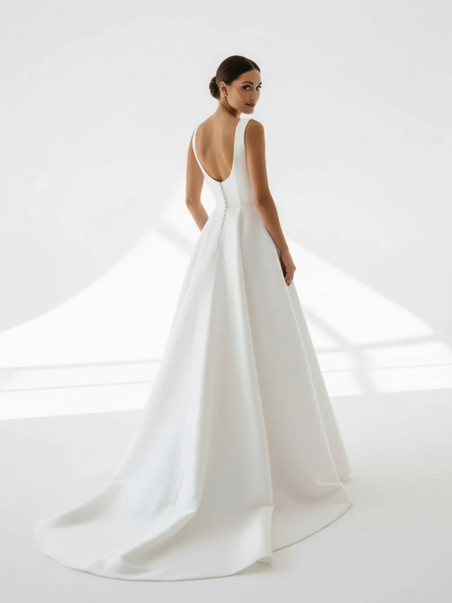 Simple A-Line Square Neck White Satin Wedding Dresses