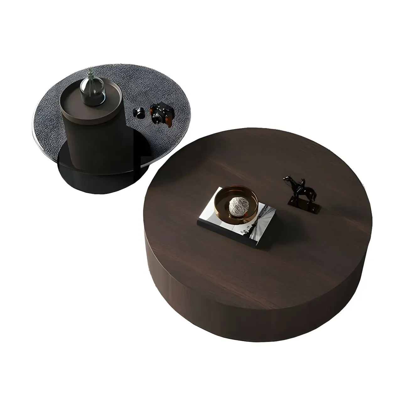 Dark Modern Nesting Round Wood Drawer Coffee Table