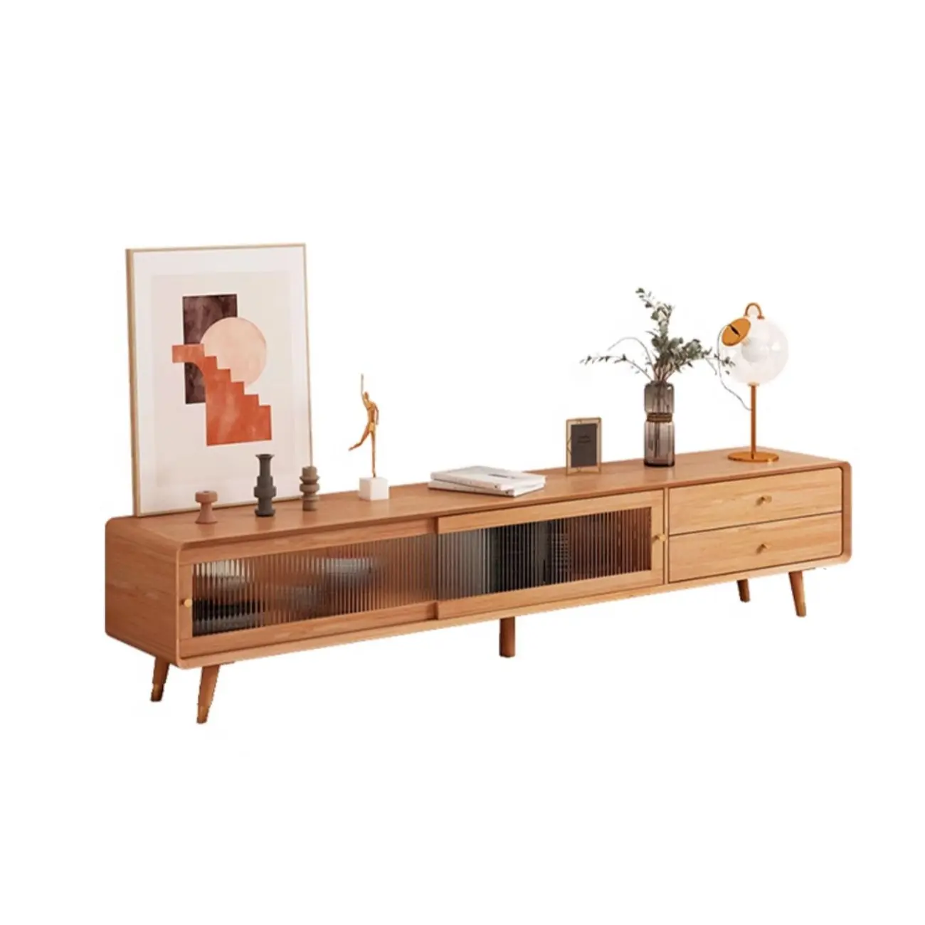 Long Brown 2-Drawer Pine Modern TV Stand with Cabinet