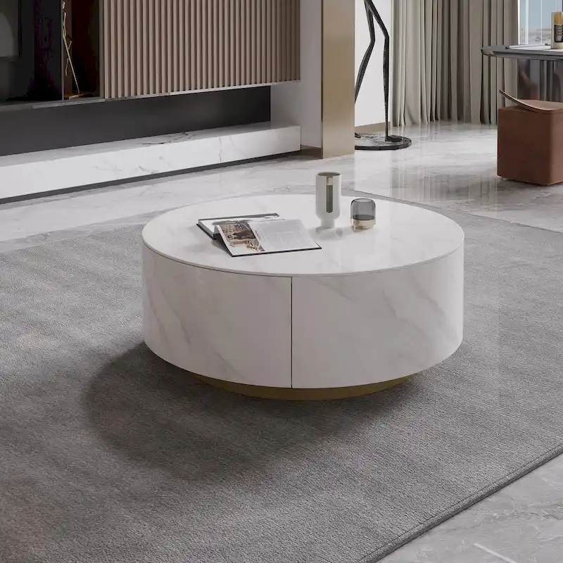 Round Sintered Stone Coffee Table with 2 Drawers & Gold Base – White / Black, Modern Style