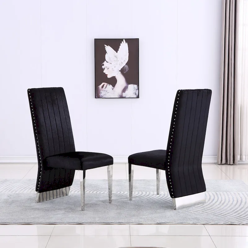 Modern Channel High Back Dining Chairs with Nailhead Trims and Polished Metal Legs