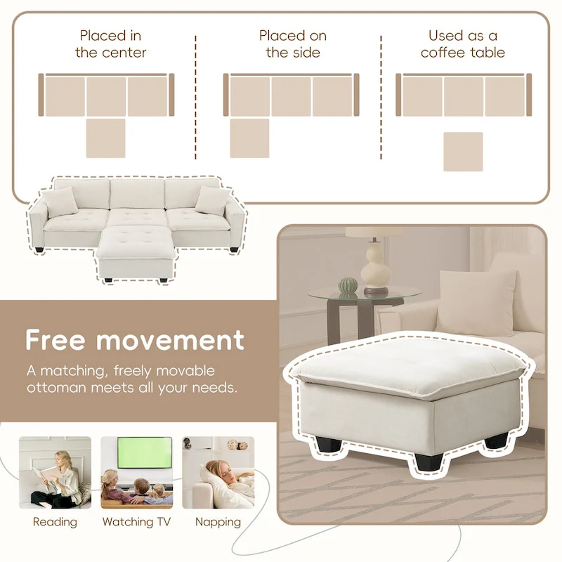 100 L-Shaped Convertible 4 Seater Sectional Sofa with Removable Ottoman and Matching Pillows, Suede Velvet Upholstery