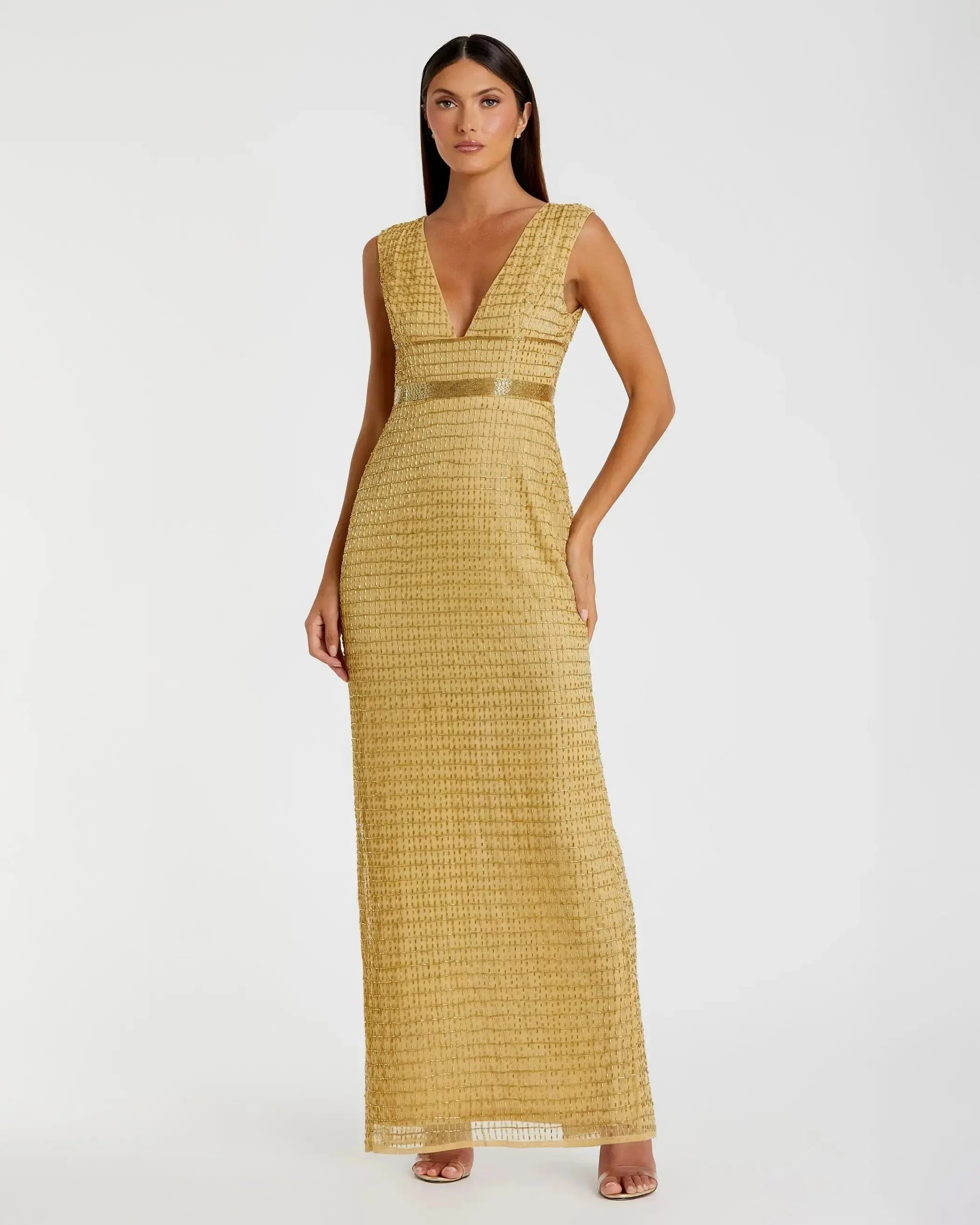 Beaded Cap Sleeve V Neck Column Gown