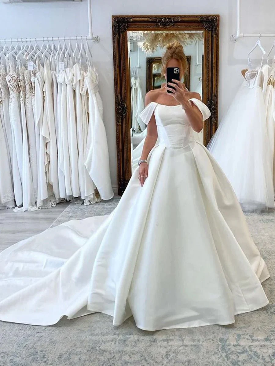 Elegant A-Line Off the Shoulder White Satin Wedding Dresses