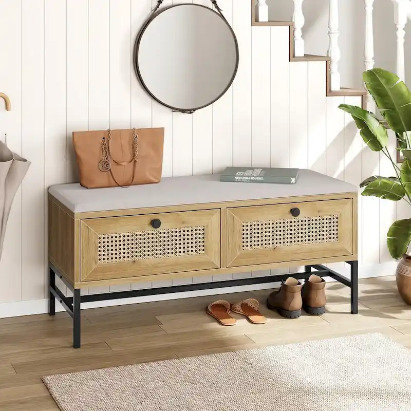 Rattan Entryway Storage Bench with 2 Drawers - 39.3