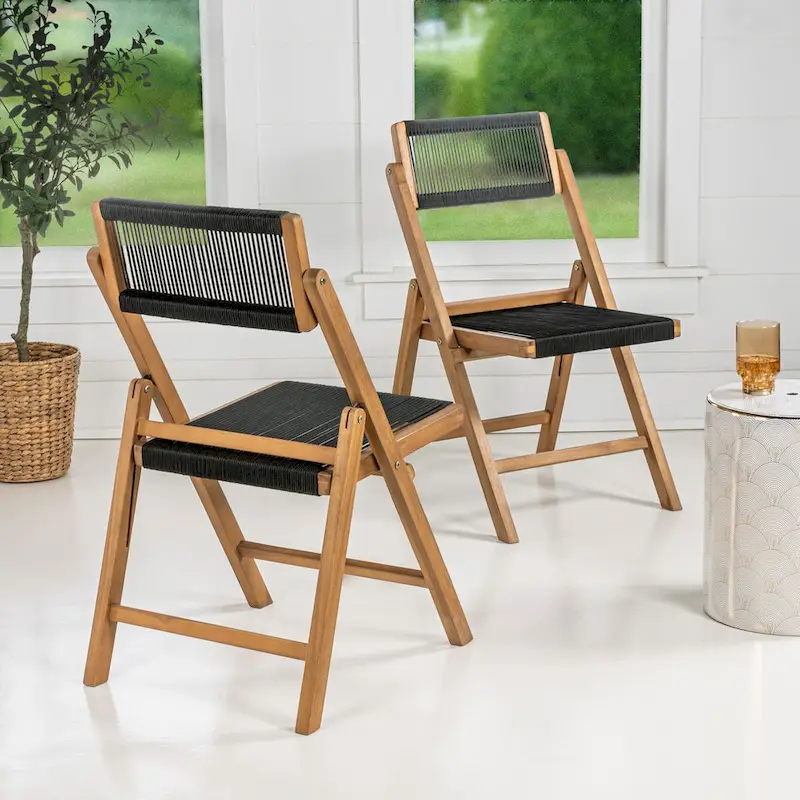 Kiawah Coastal Modern Wood Roped Folding Chair with Adjustable Back, Black/Natural (Set of 2) by JONATHAN Y