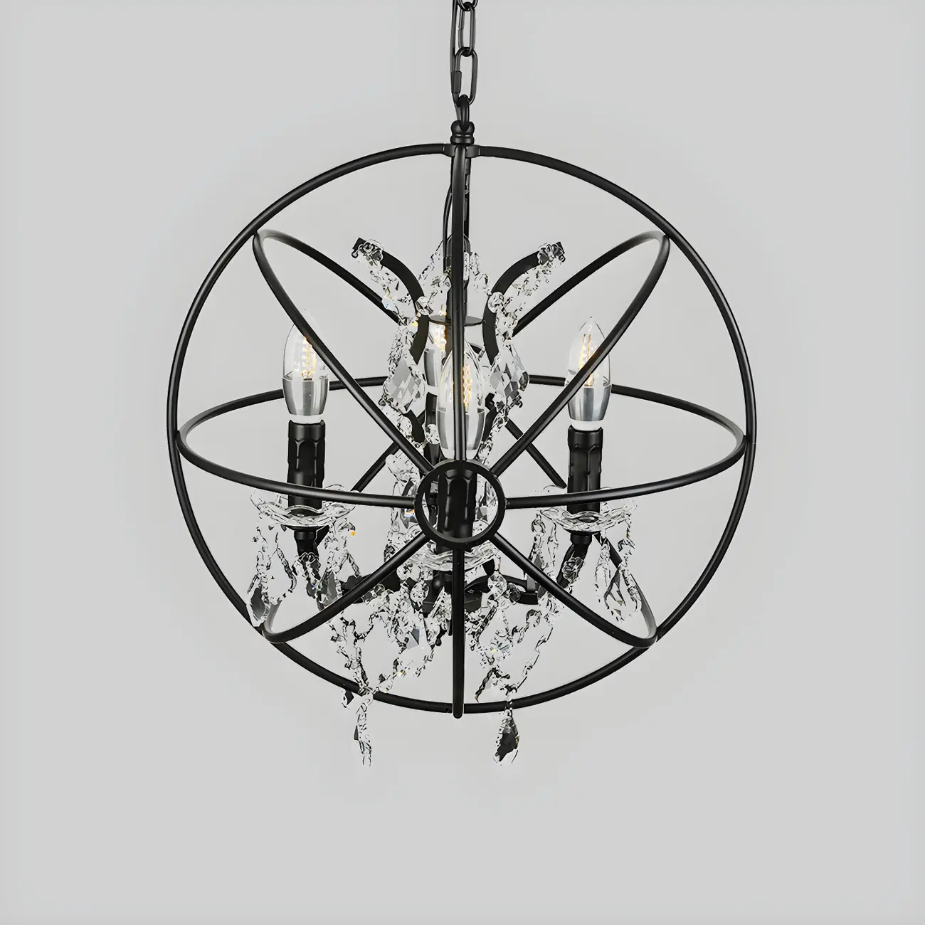 4-Light Industrial Black Iron Chandelier with Crystal