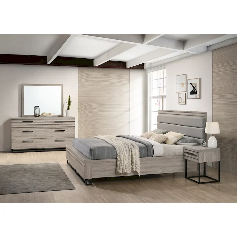 Roundhill Furniture Alvear Upholstered Wood Panel Bed, Dresser, Mirror, and 2 Nightstands, Weathered Gray
