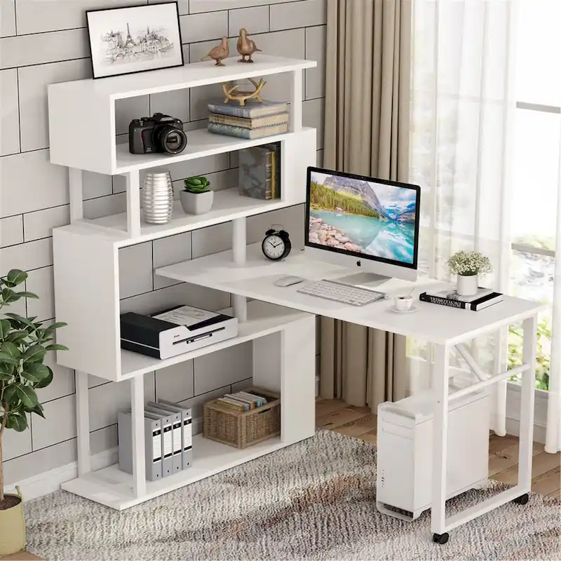 L-Shaped Desk with 5-Shelf Bookcase