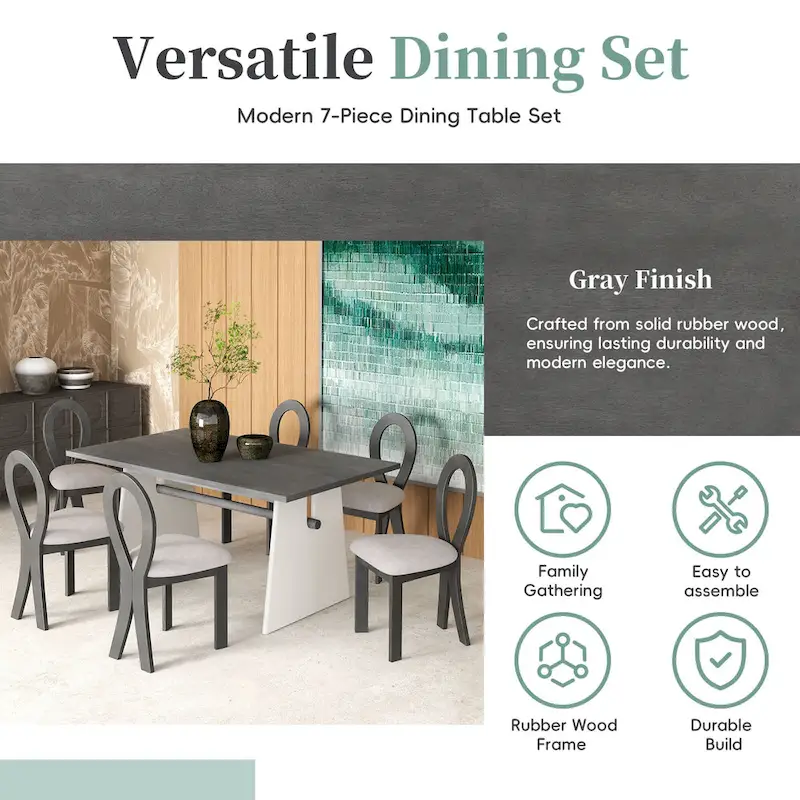 Modern 7-Piece Dining Table Set with 6 Upholstered Chairs