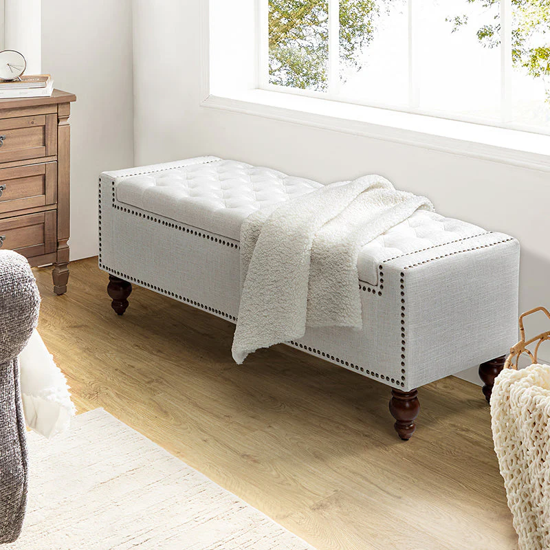 Button-Tufted Flip-Top Storage Bench with Copper Nailhead Trim, Foam Seat & Spindle Walnut Solid Wood Legs | Ivory | Single