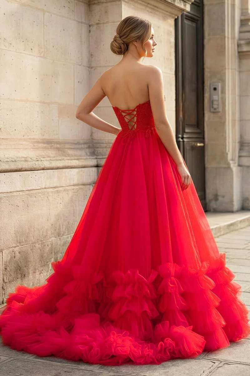 Red Tulle Appliques Sweetheart Ruffle Long Prom Dress