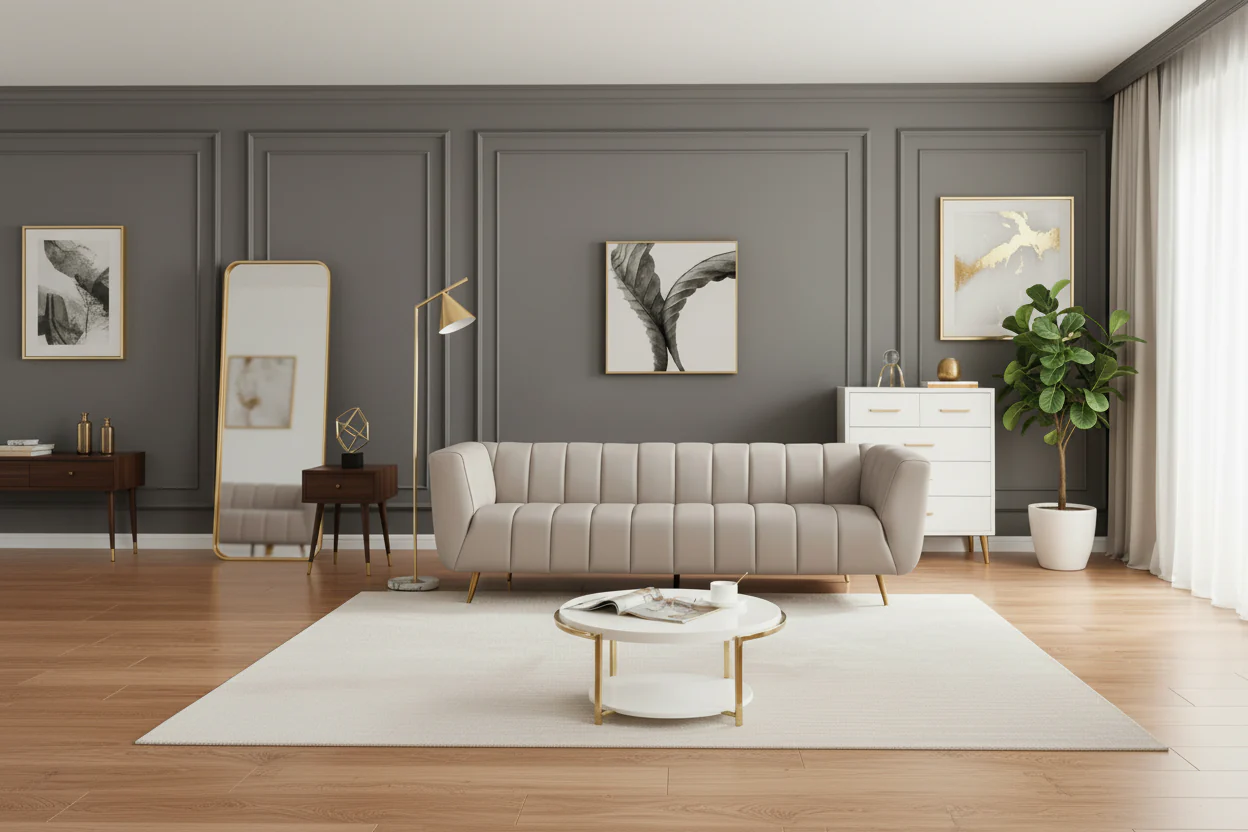 Grey Tufted Leather Sofa, Gold Legs, Seats 3