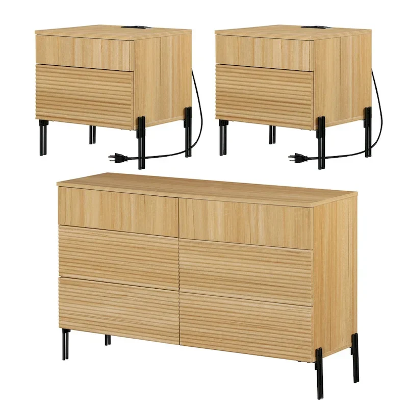 WAMPAT 3-Piece Modern Bedroom Set, 47 Fluted Dresser with 6 Drawers & 2 Nightstands with Charging Station, Oak