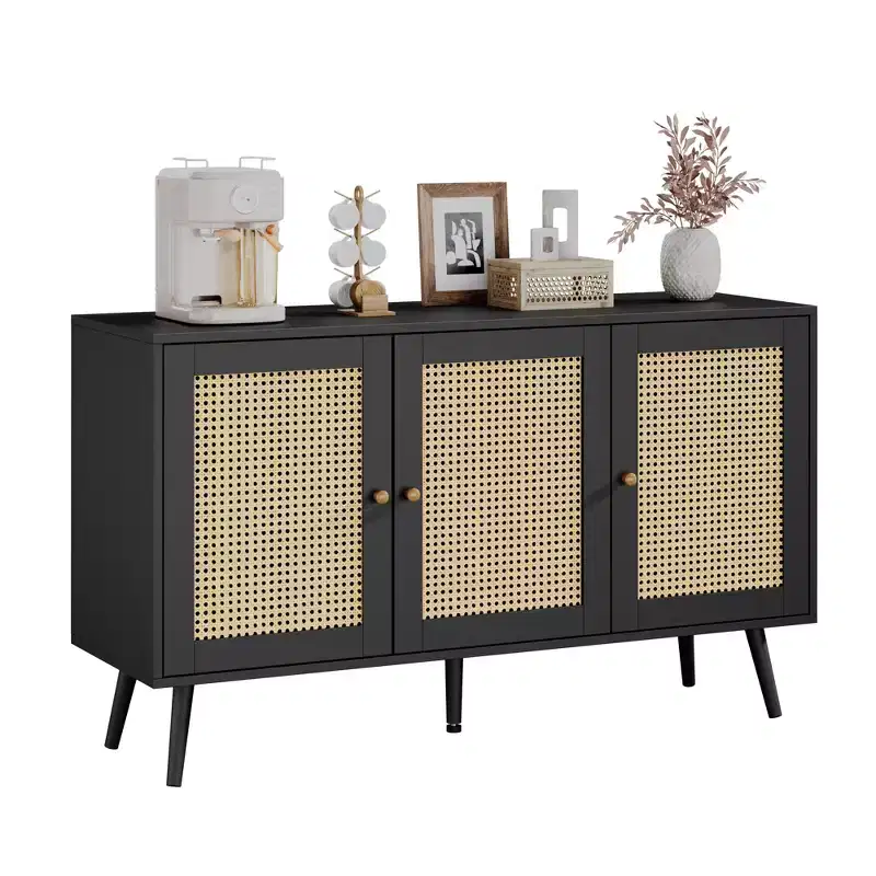 Modern Boho Rattan Sideboard Buffet Cabinet  Spacious Credenza with Adjustable Shelves  Storage Solution for Dining Room, Kitchen, Living Room