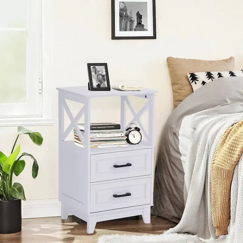 2-Drawer White Wooden Nightstand Storage Cabinet