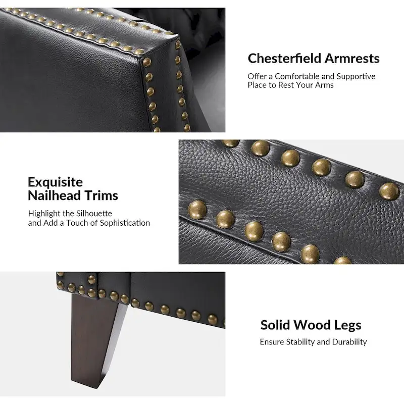 Eugne Transitional Genuine Leather Tufted Design Sofa with Solid Wood Legs by HULALA HOME