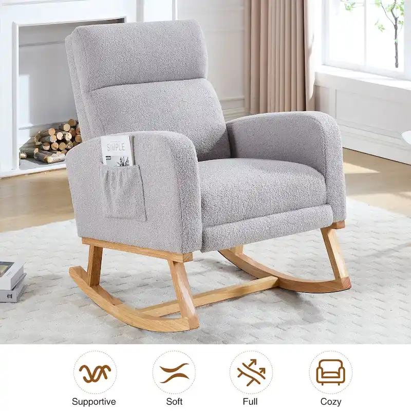 Linen Rocking Chair with Footrest and Side Pocket