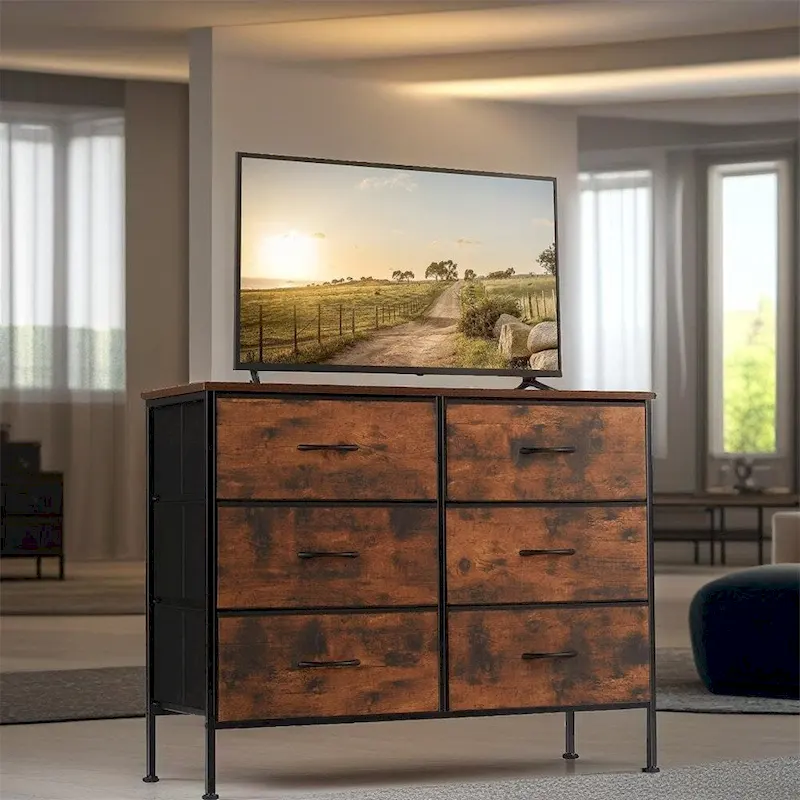 6 Drawers Dresser Chest with Metal Frame and Wooden Top