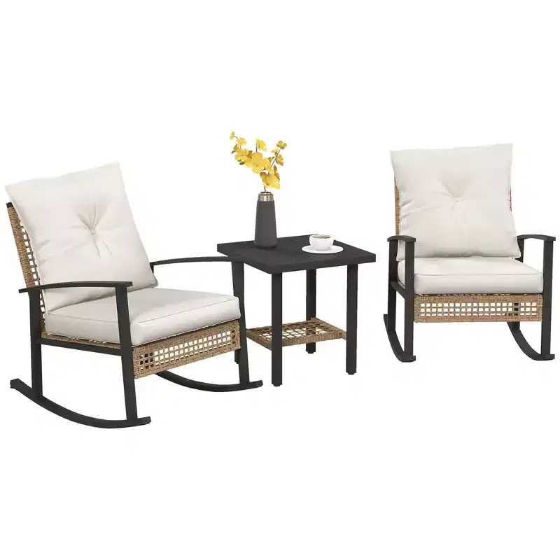 Outsunny 3 Pieces Patio Bistro Set, Wicker Furniture Set with Button Tufted Cushions, Rattan Rocking Chairs and Coffee Table