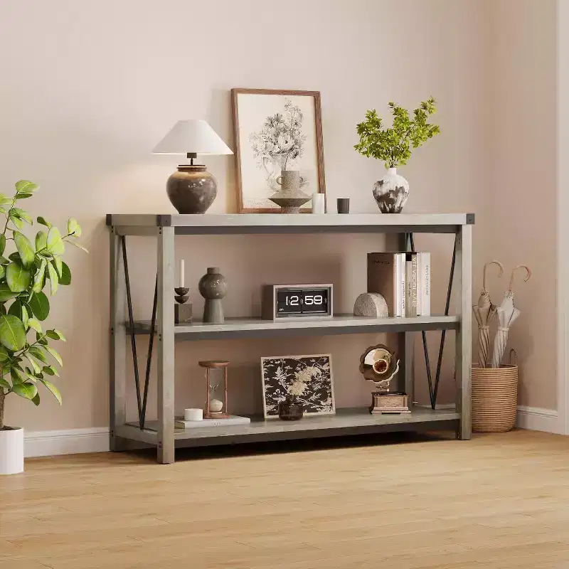 47 Entryway Console Table C 3-Tier Narrow Sofa Table with Storage Shelves (Grey, for Living Room/Hallway/Kitchen)