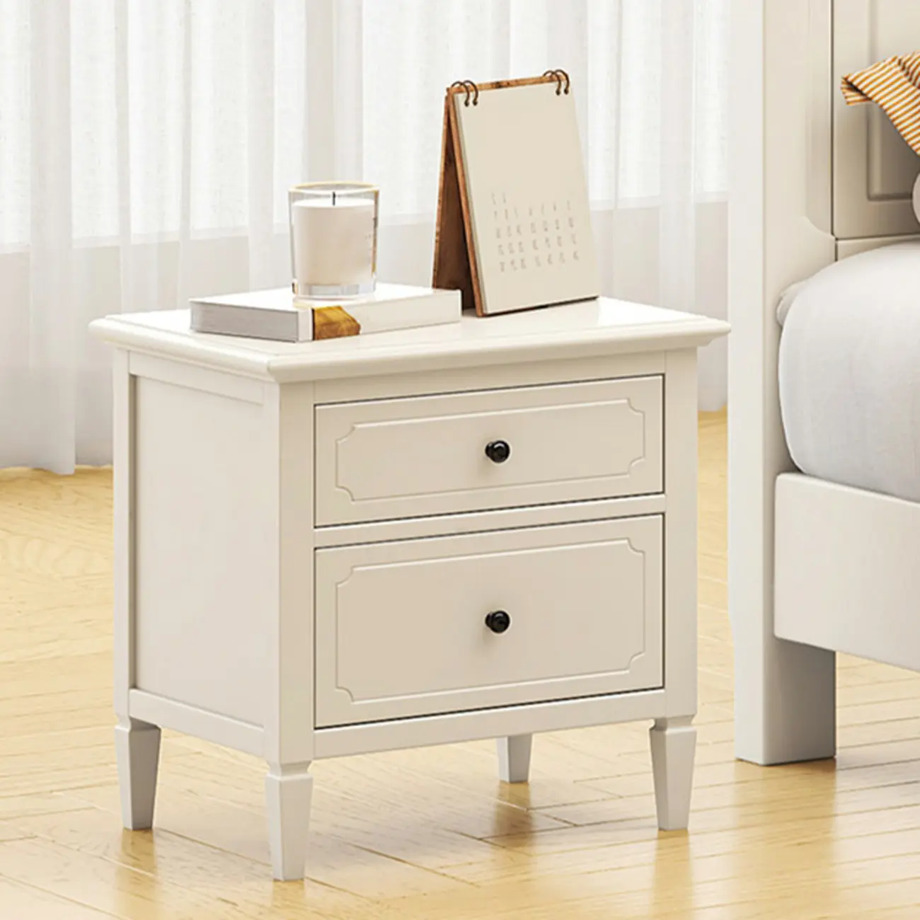 White Rubberwood 2 Drawers Narrow Nightstand with Legs