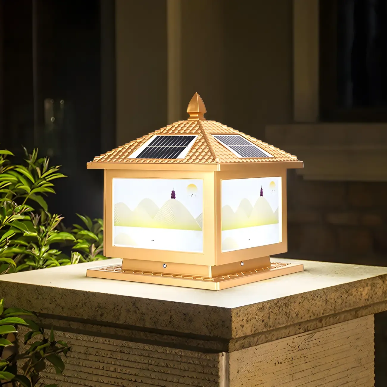 House-Shape Gold Square Solar Outdoor Post Lights