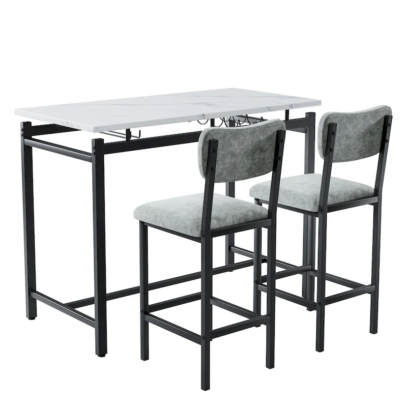 White Marble-Top Bar Table Set with 2 Stools, 2-Person