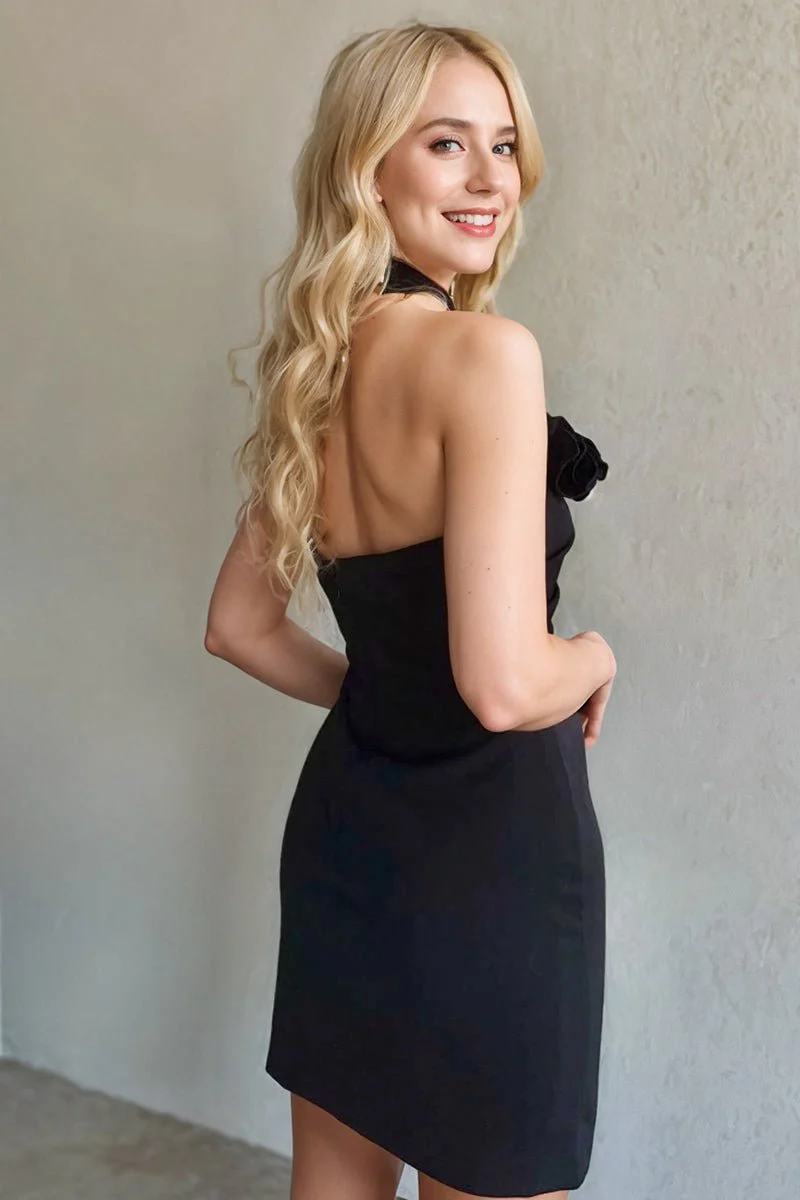 Black Halter Rosette Fitted Mini Homecoming Dress