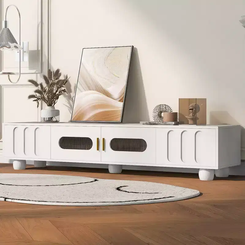 Modern TV Stand with Glass Door for 80 TV, Media Console Table with Storage, TV Storage Cabinet with Solid Wood Legs for Living room, White