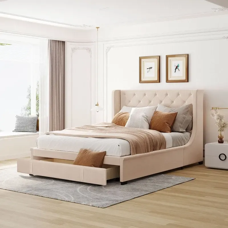 Velvet Wingback Queen Platform Bed with Storage Drawer – Blue / Beige / Grey / Pink