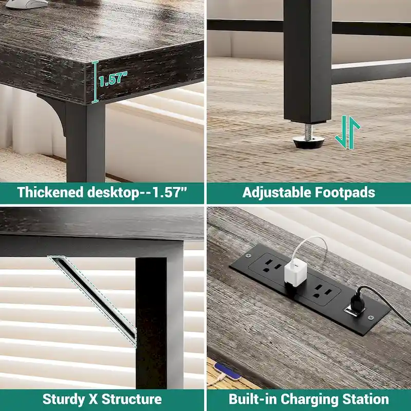 55 Inch Computer Desk with Socket and LED Light,Home Office Desk with 1.5 inch Thickened desktop,Writing Study Gaming Table