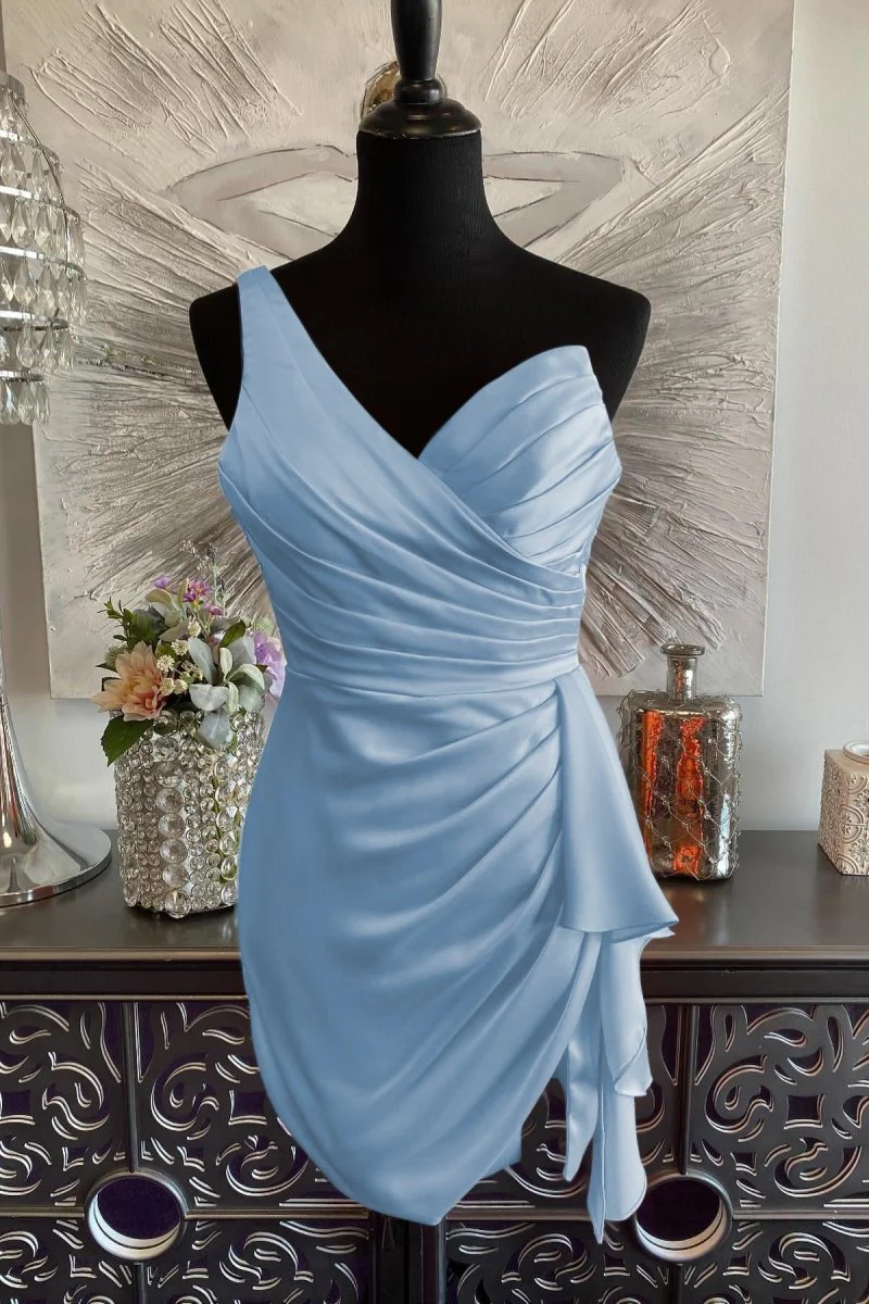 Sky Blue - One Shoulder Spandex Pleated Homecoming Dresses With Slit