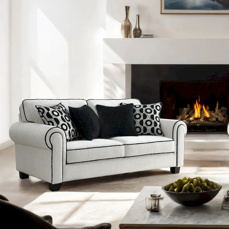 White Chenille Loveseat with Accent Pillows