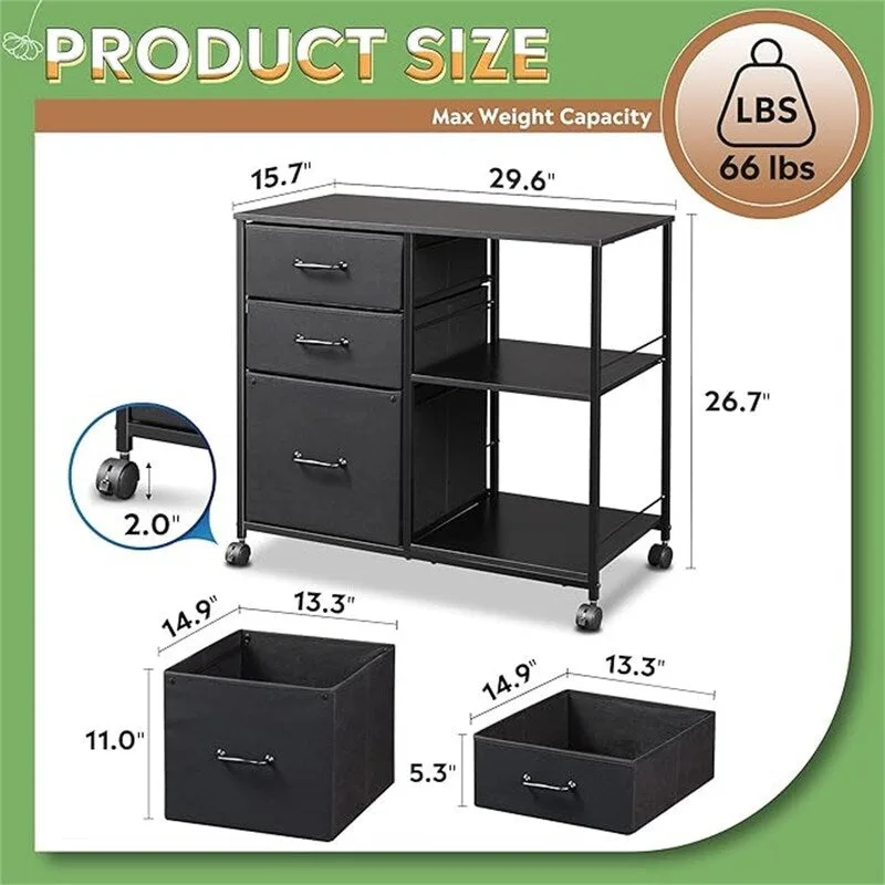 3 Drawer Mobile File Cabinet - 15.75 D x 29.53 W x 26.77 H