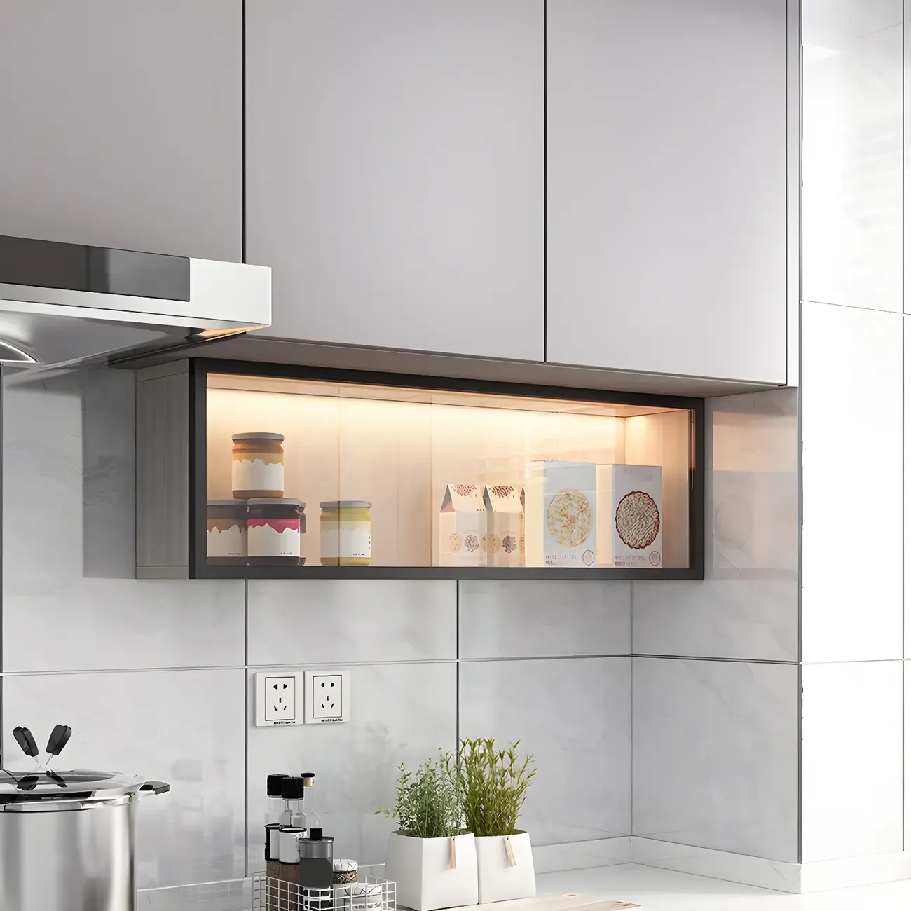 Modern Grey Wood Glass Door Wall-Mounted Display Cabinet