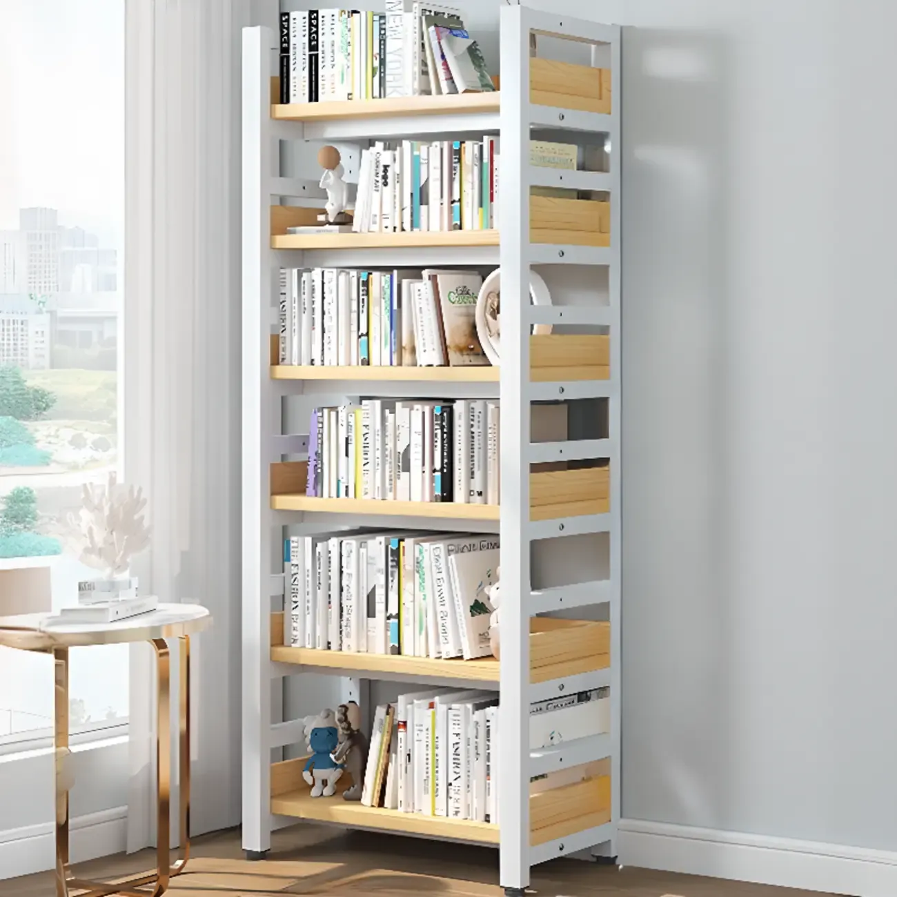 Freestanding Simple Multi-Layer Wood Bookshelf in Steel Frame