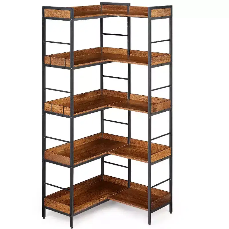 5 Tier L Shaped Corner Bookshelf with 4 Hooks, Reversible Corner Bookshelf, 65 Industrial Wooden Bookcase with Open Shelves and Metal Frame for Home