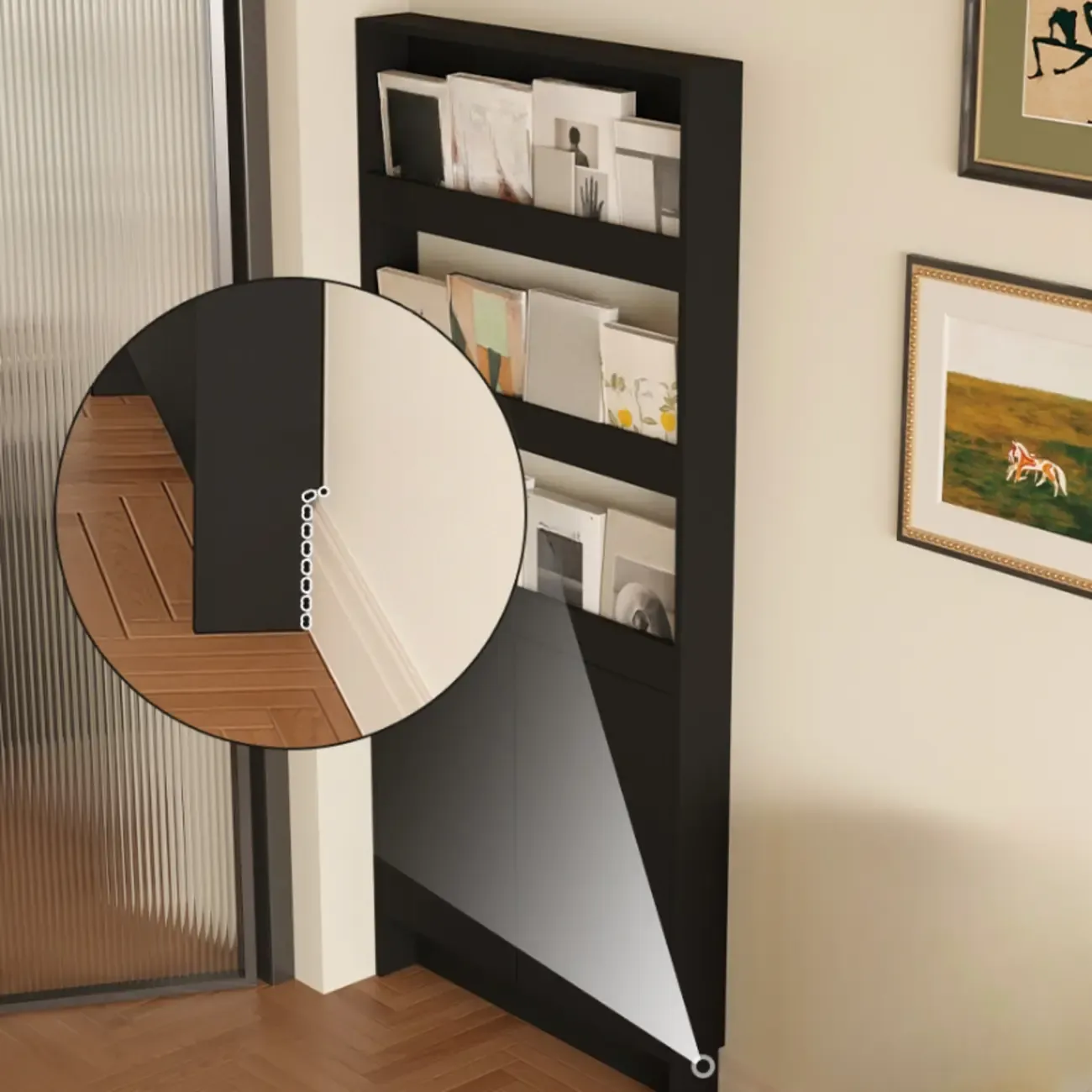 Slim Black 5-Tier Open Back Wood Bookcase with Cabinet