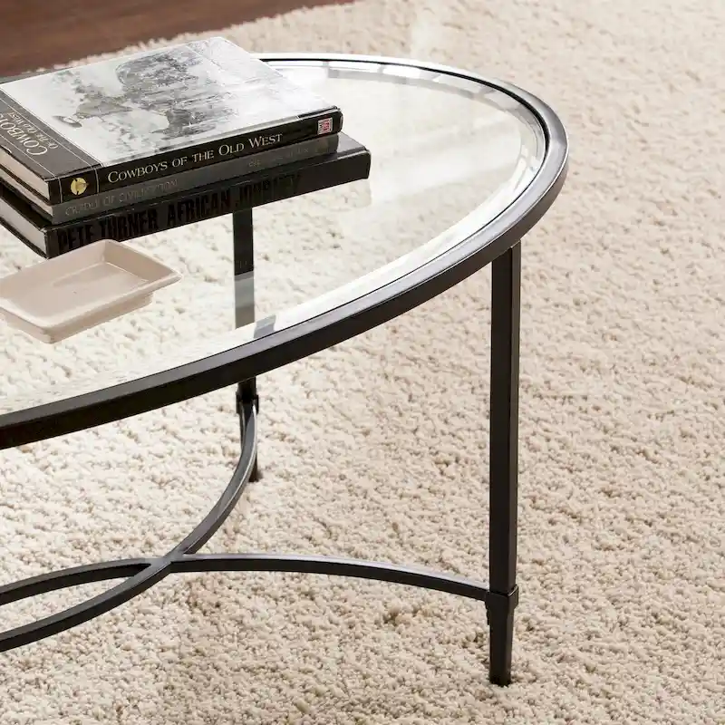 Oval Glass Top Coffee Table – Matte Black, Metal Frame, Seats 2–4