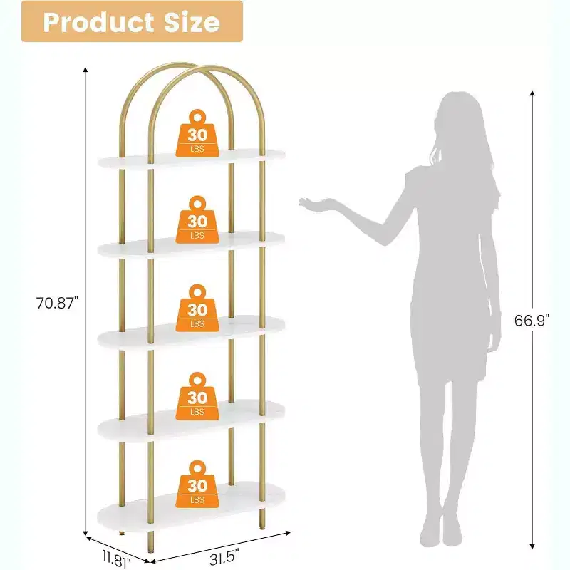 Acekool 5-Tier Arched Bookshelf Set of 2, Metal Frame, Open Storage Display, Anti-Tip, Marble White