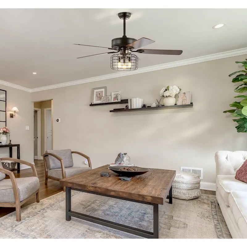 Edith 52  3-Light Industrial Metal/Wood LED Ceiling Fan With Remote, Forged Black by JONATHAN Y