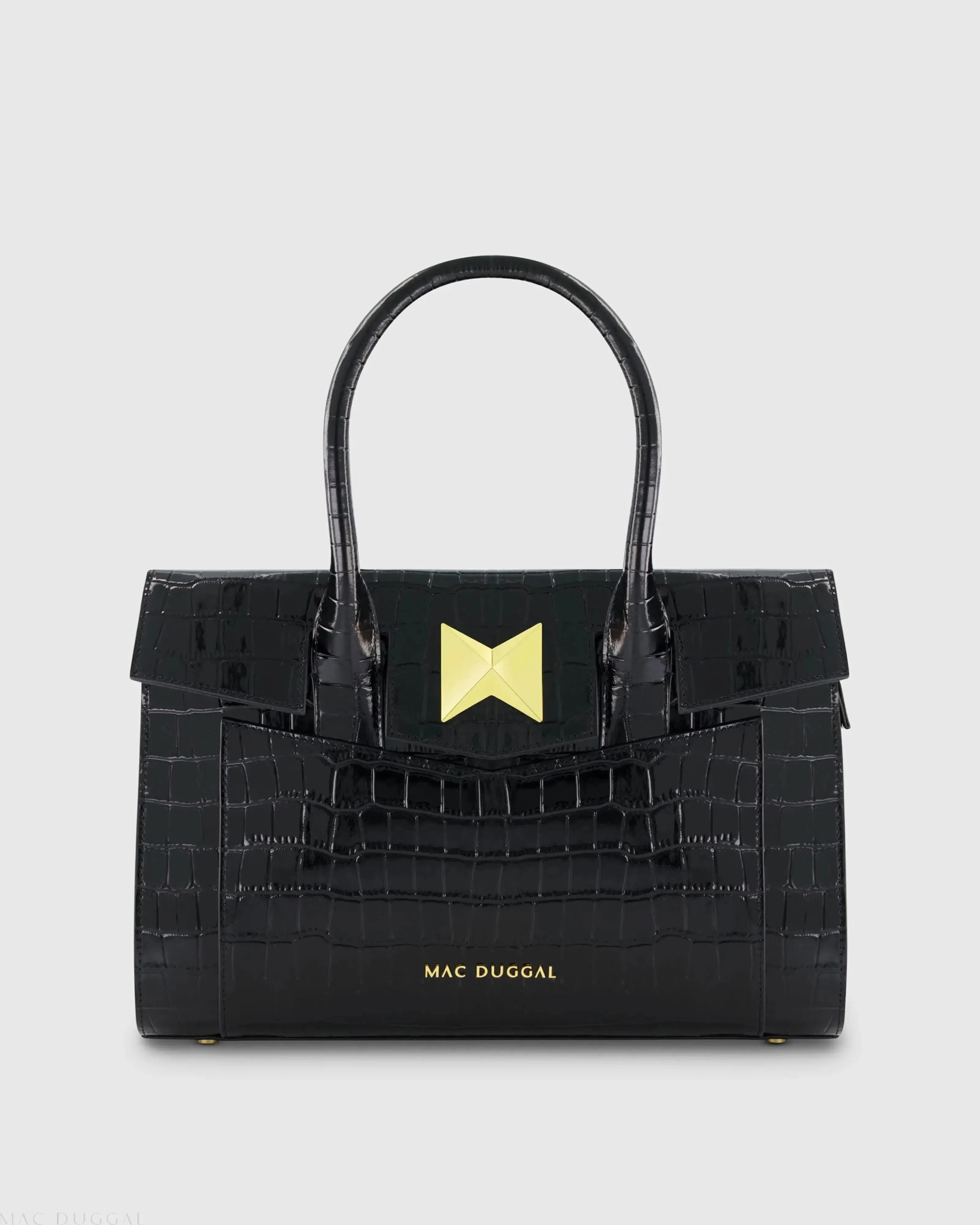 Black Crocodile Leather Tote Bag With Gold Hardware