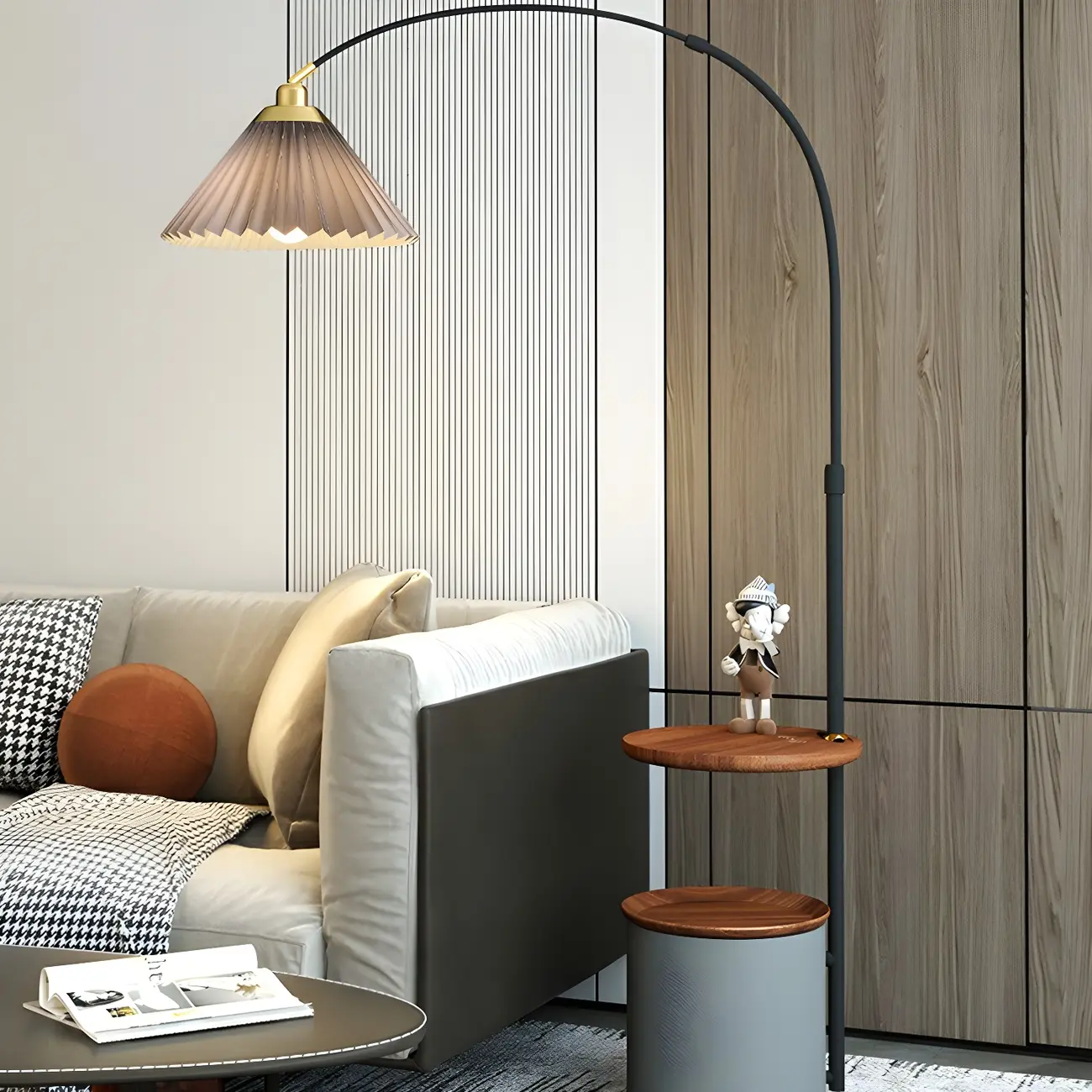 71Wooden Arc Floor Lamp with Storage Shelf for Living Room